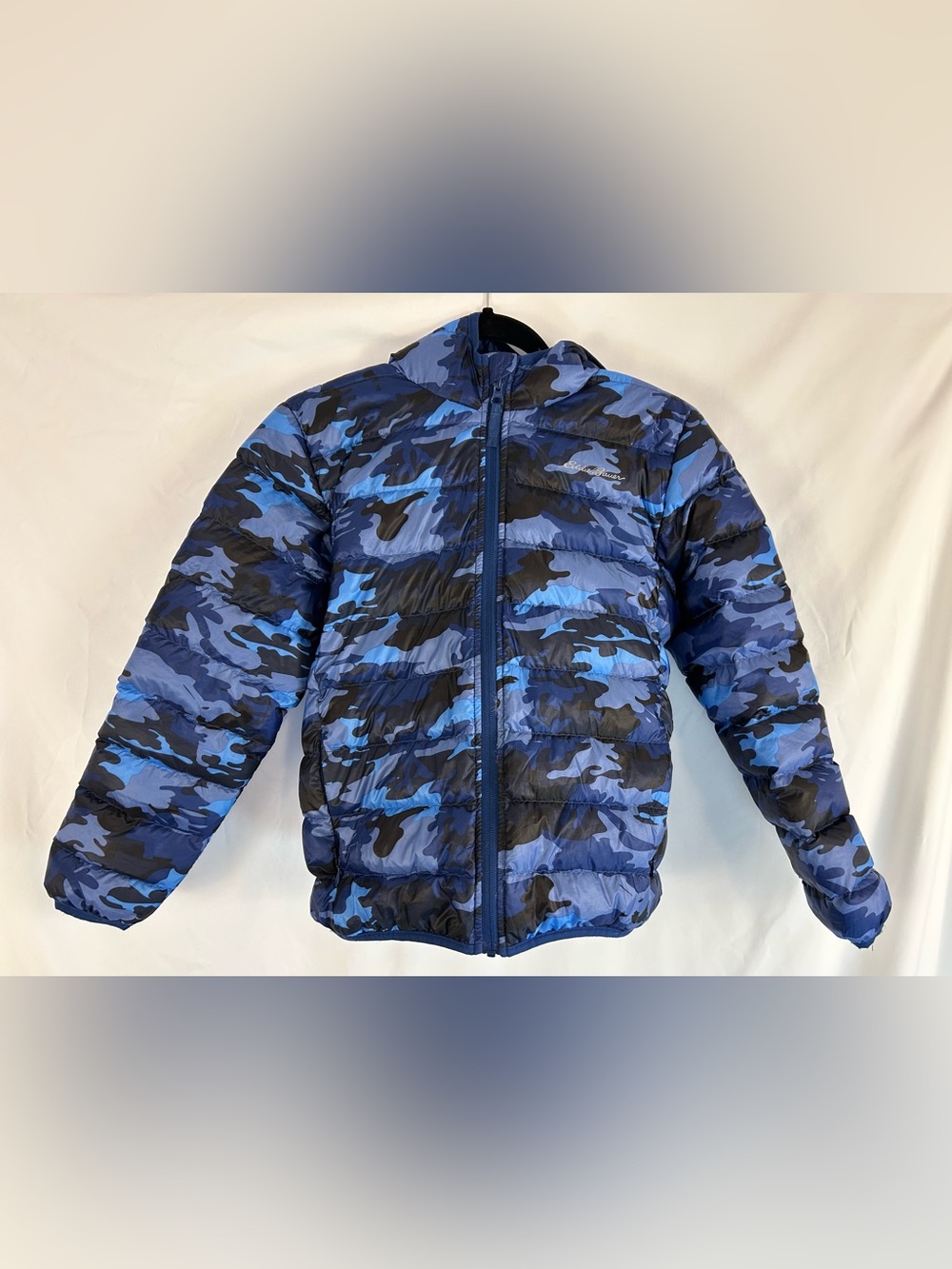 Eddie Bauer Kids M 10/12 Blue Camo Down Hooded Puffer Jacket